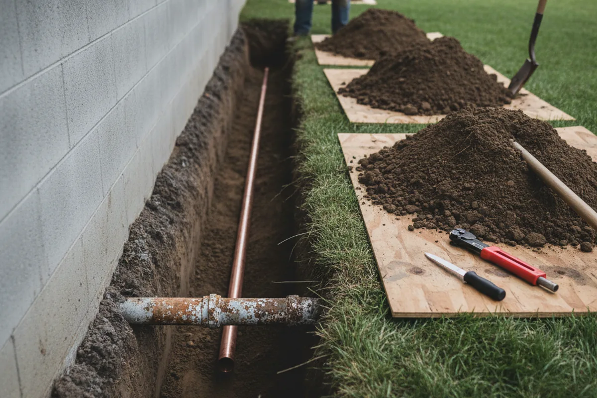 Excavated water line trench during Sewer Line Repair in Finley